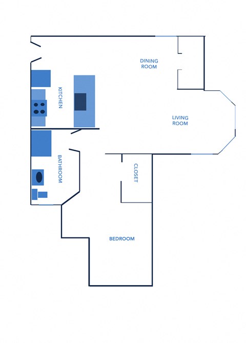 Floor plan for 1 bed, 1 bath, 730 sqft